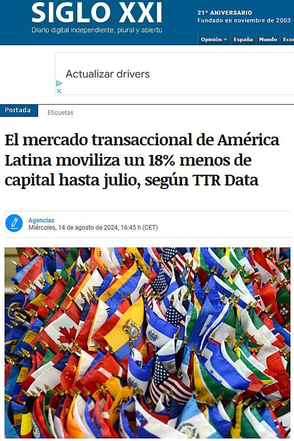 El mercado transaccional de Amrica Latina moviliza un 18% menos de capital hasta julio, segn TTR Data